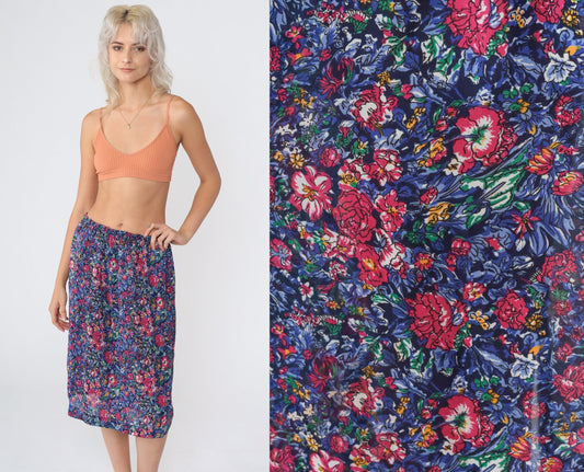 80s Floral Midi Pencil Skirt High Waisted Navy Pink Flower Print Small