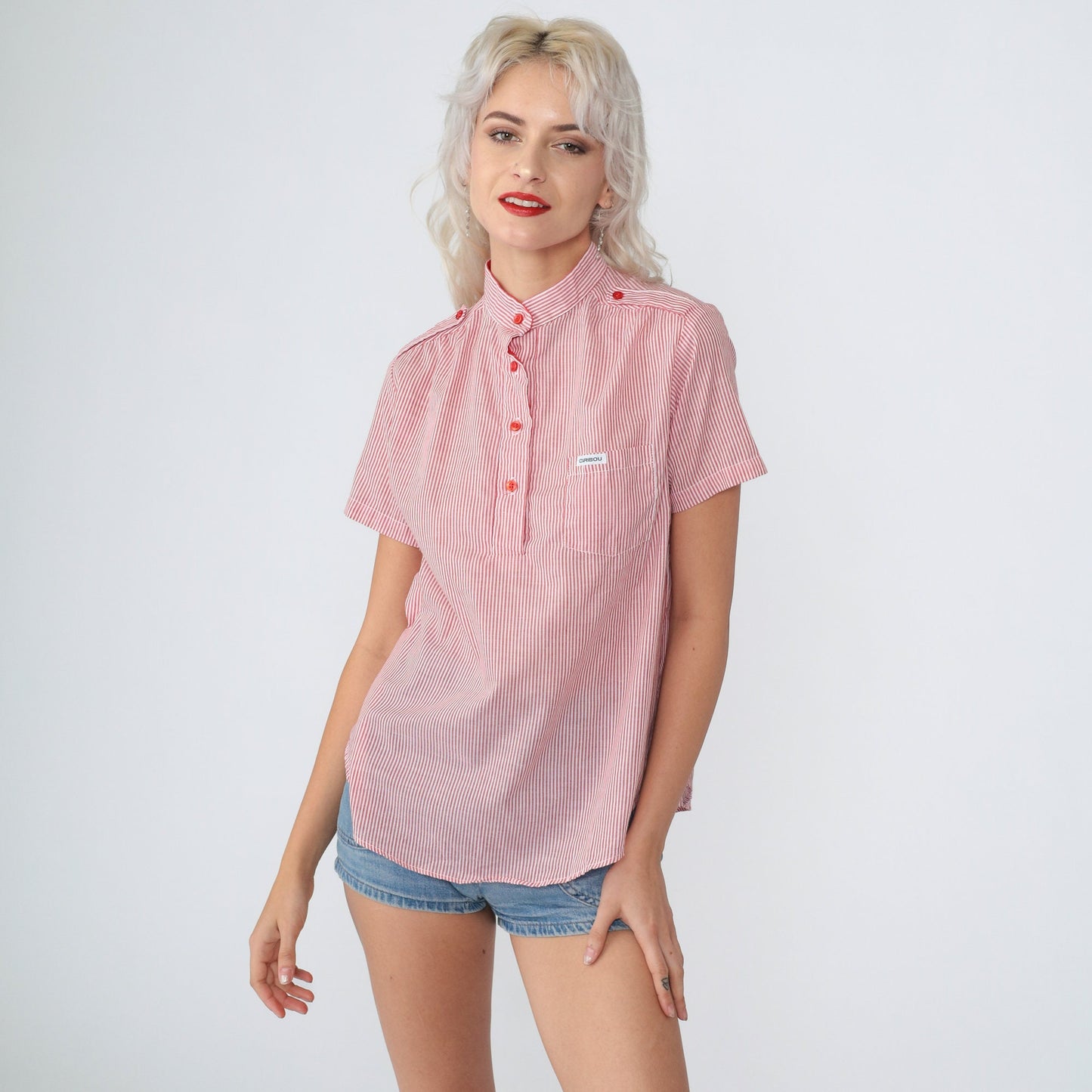 80s Caribou Pinstriped Blouse Red White Half-Button Short Sleeve Medium
