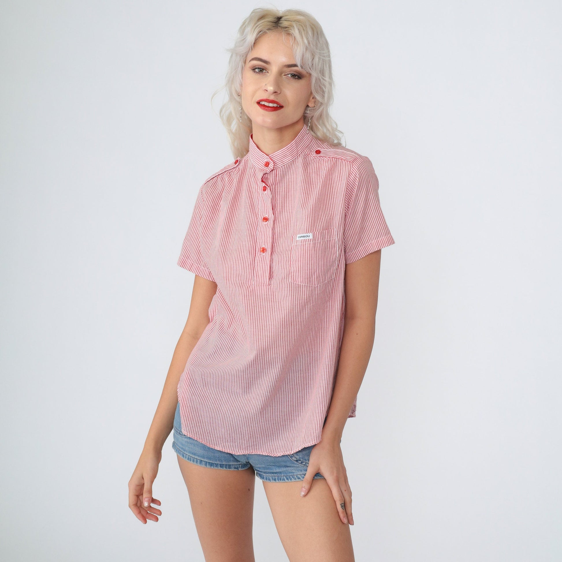 80s Caribou Pinstriped Blouse Red White Half-Button Short Sleeve Medium