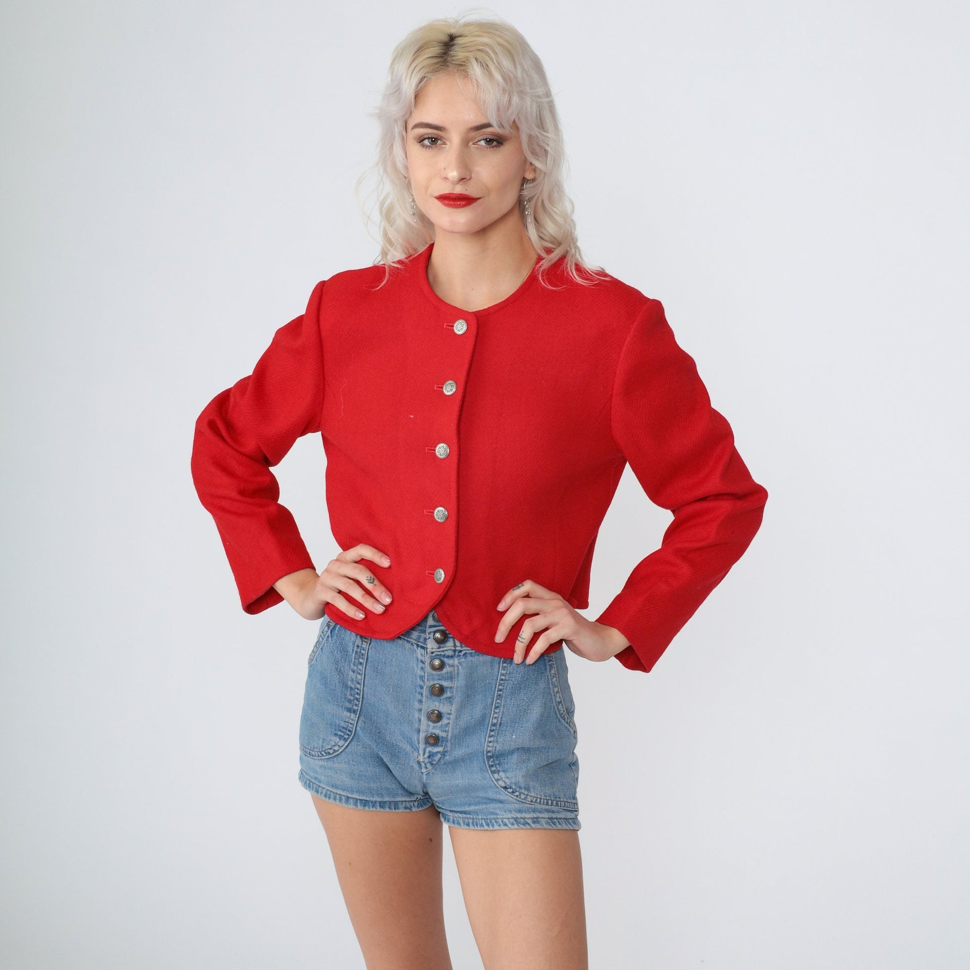 80s Pendleton Virgin Wool Blazer Red Cropped Button-Up Medium