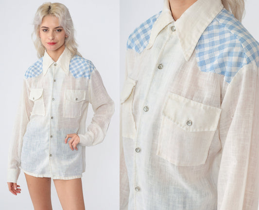 70s Western Pearl Snap Shirt Checkered Gauze Off-White Blue Plaid Medium