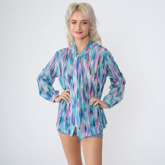 70s Ascot Blouse Brushstroke Print Neck Tie Long Sleeve Blue Purple Pink Large