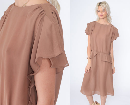 70s Cocoa Brown Midi Dress High Waist Peplum Puff Sleeve Keyhole Back Large L