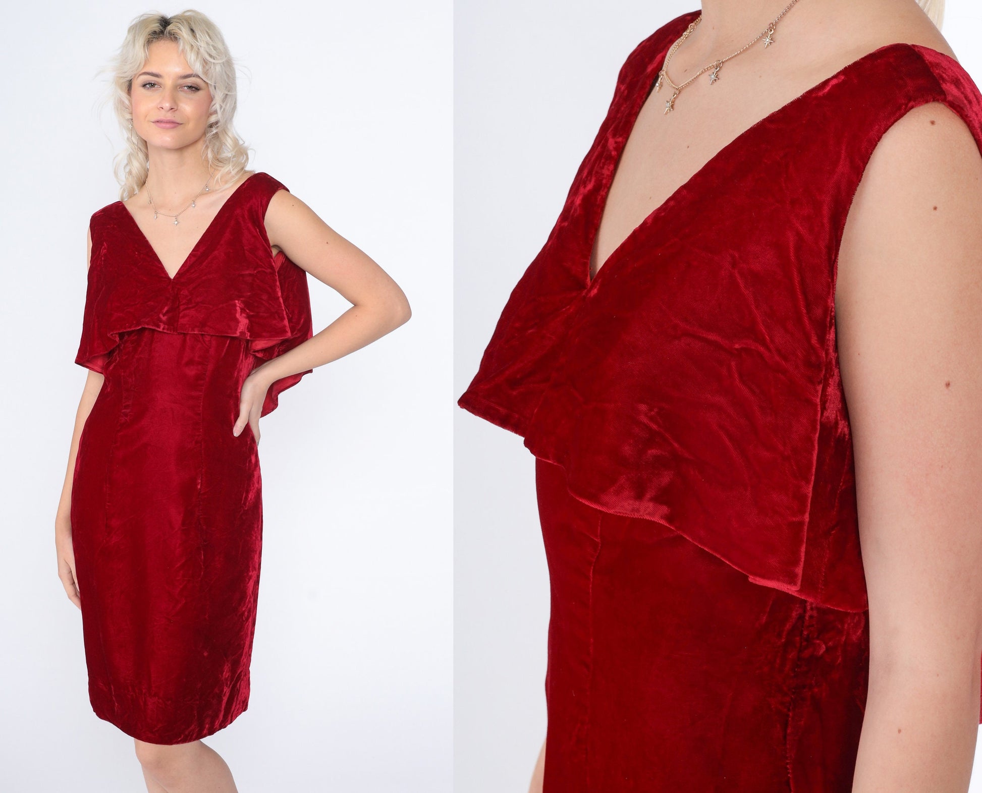 70s Red Velvet Mini Dress Sleeveless Pencil Cut Low Back Medium M