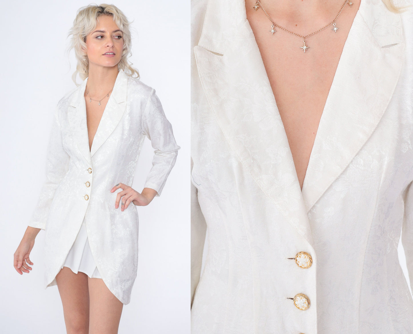 90s Blondie & Me White Floral Embossed Mini Dress Button-Up Long Sleeve Small
