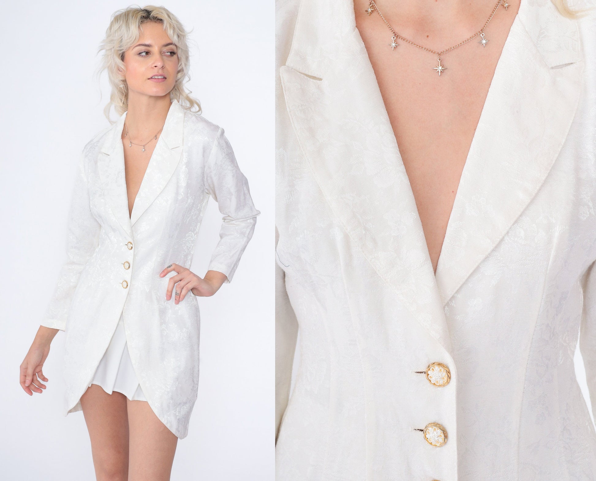 90s Blondie & Me White Floral Embossed Mini Dress Button-Up Long Sleeve Small
