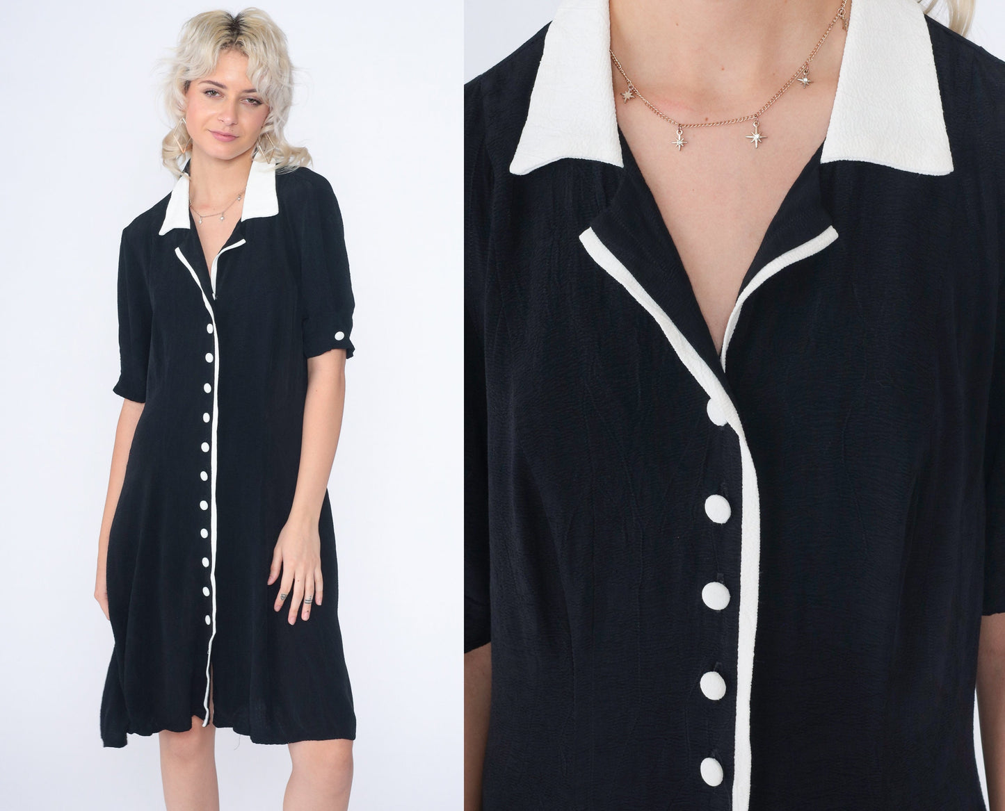 90s Black and White Button-Up Mini Dress Short Sleeve Shift Medium M