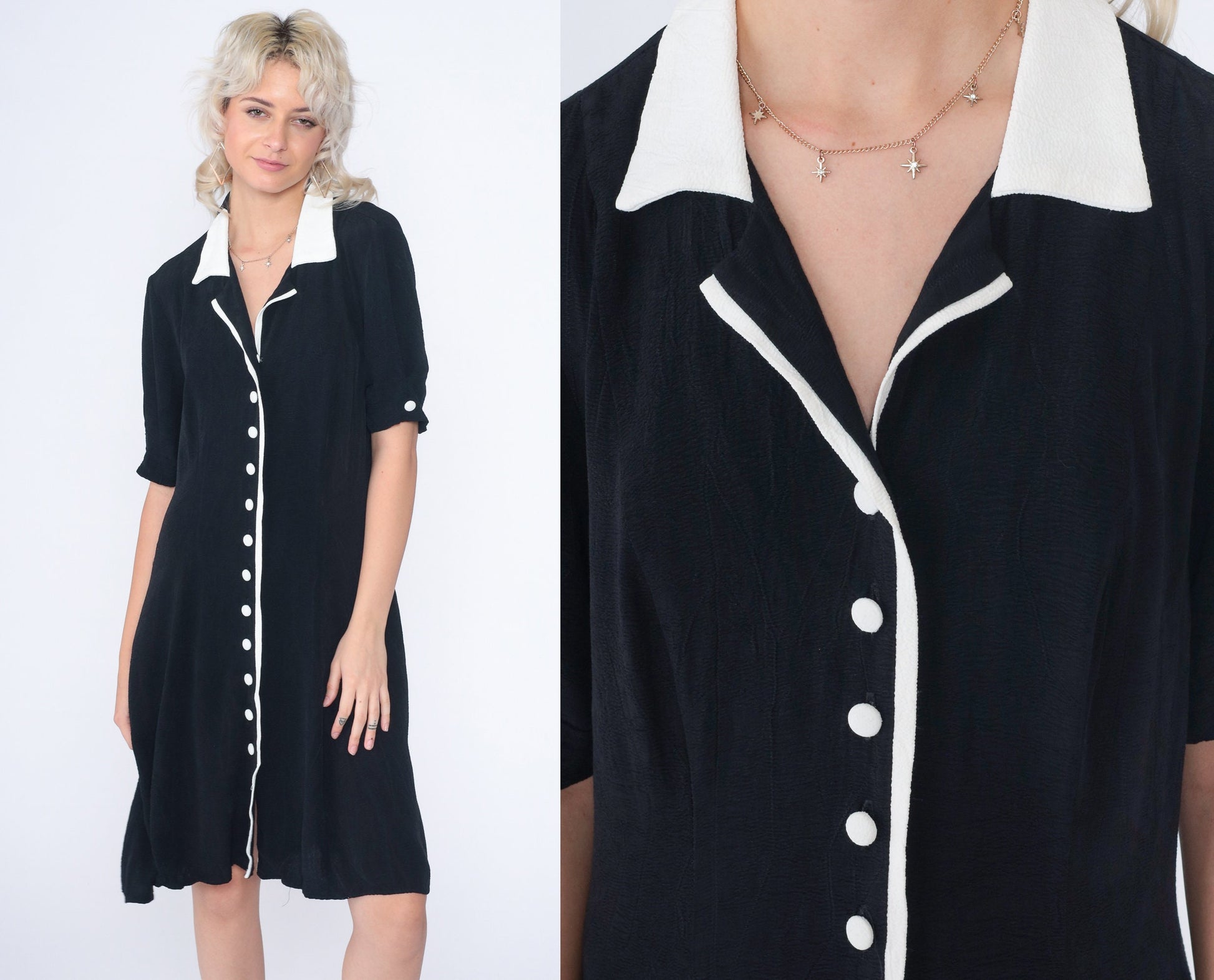 90s Black and White Button-Up Mini Dress Short Sleeve Shift Medium M