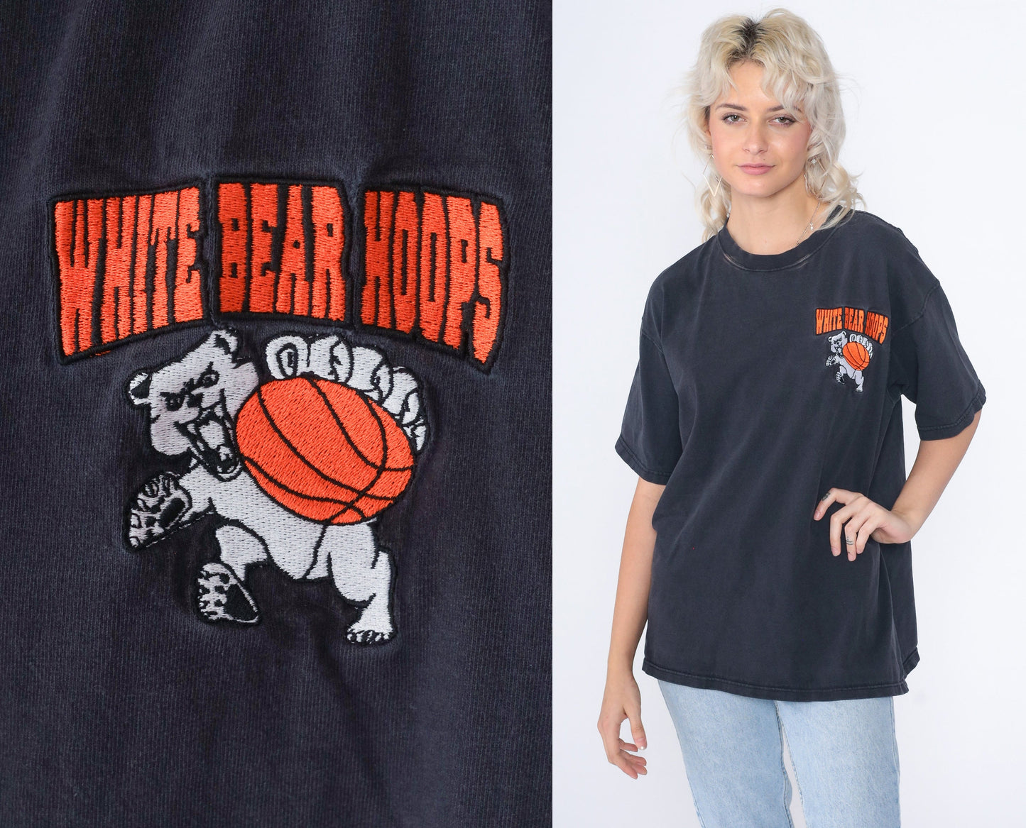 90s White Bear Hoops Basketball T-Shirt Embroidered Logo Black Large L
