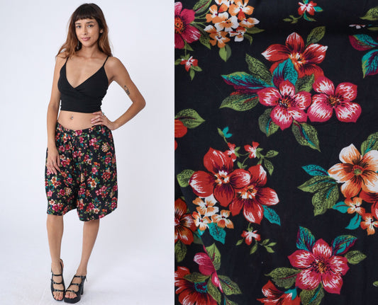 90s Black Floral Print High-Waist Pleated Shorts Bermuda Large L
