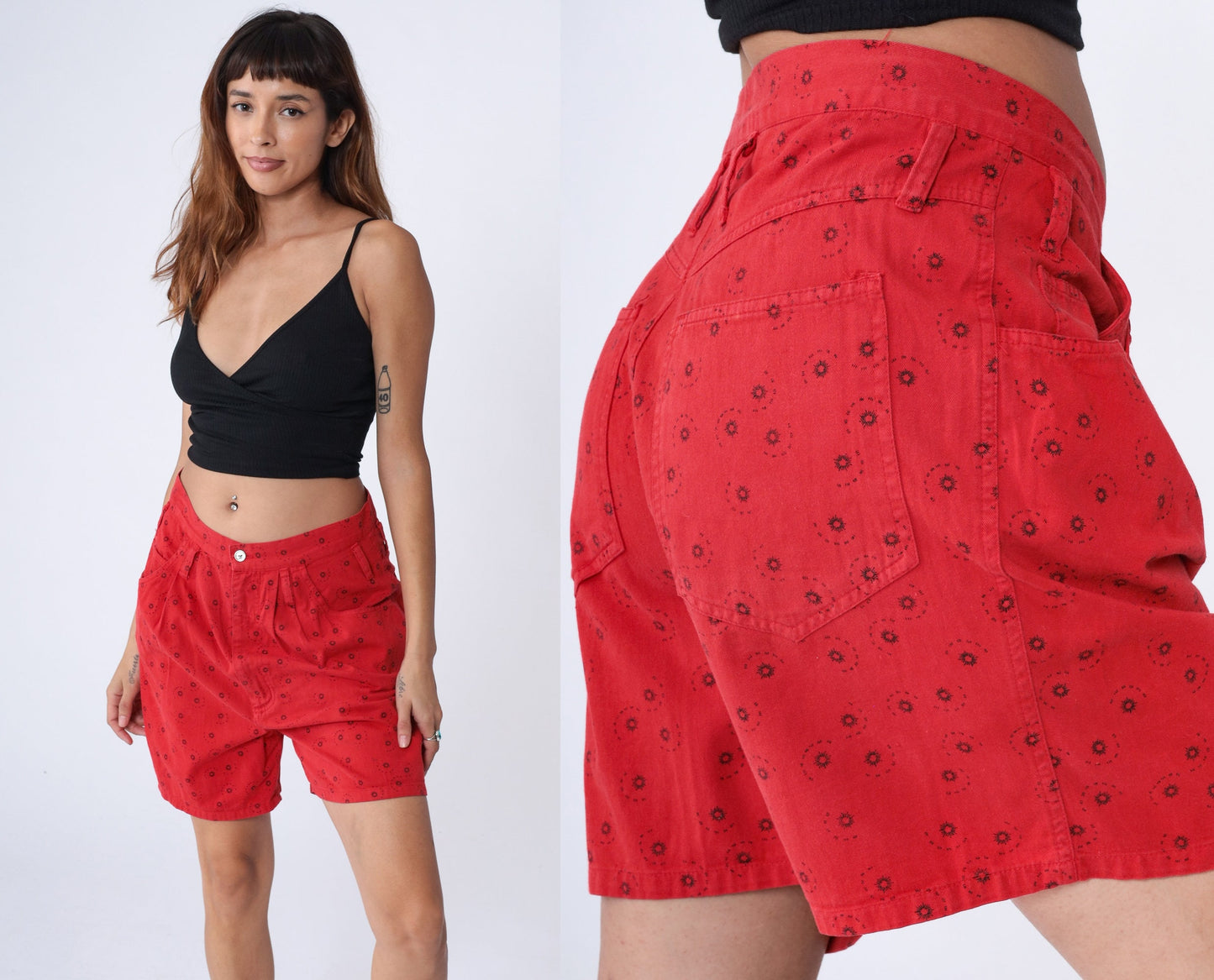 90s Express Red Celestial Pleated High-Waist Shorts Cotton Medium