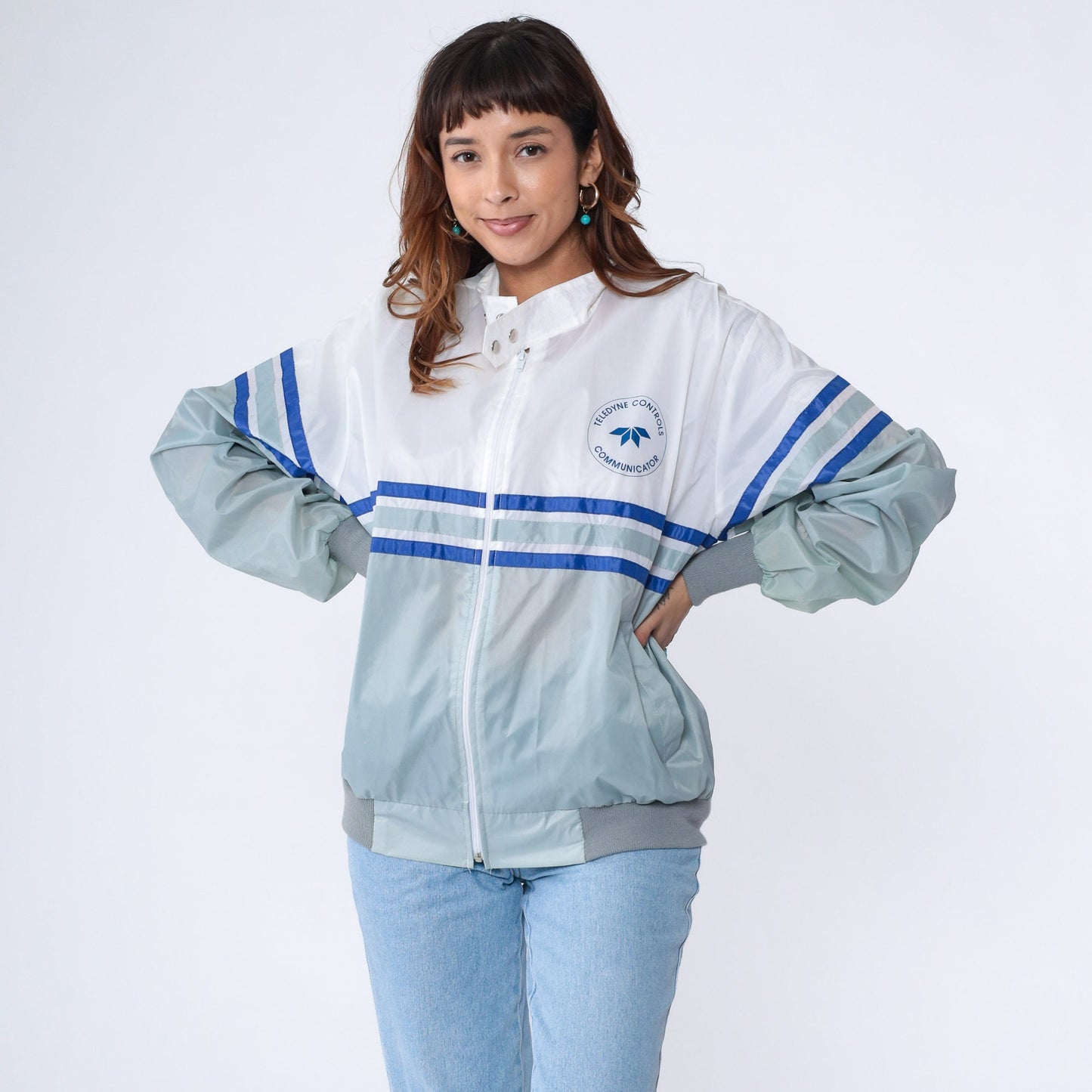 80s Teledyne Controls Windbreaker Aircraft Jacket Grey White Stripe Extra Large XL