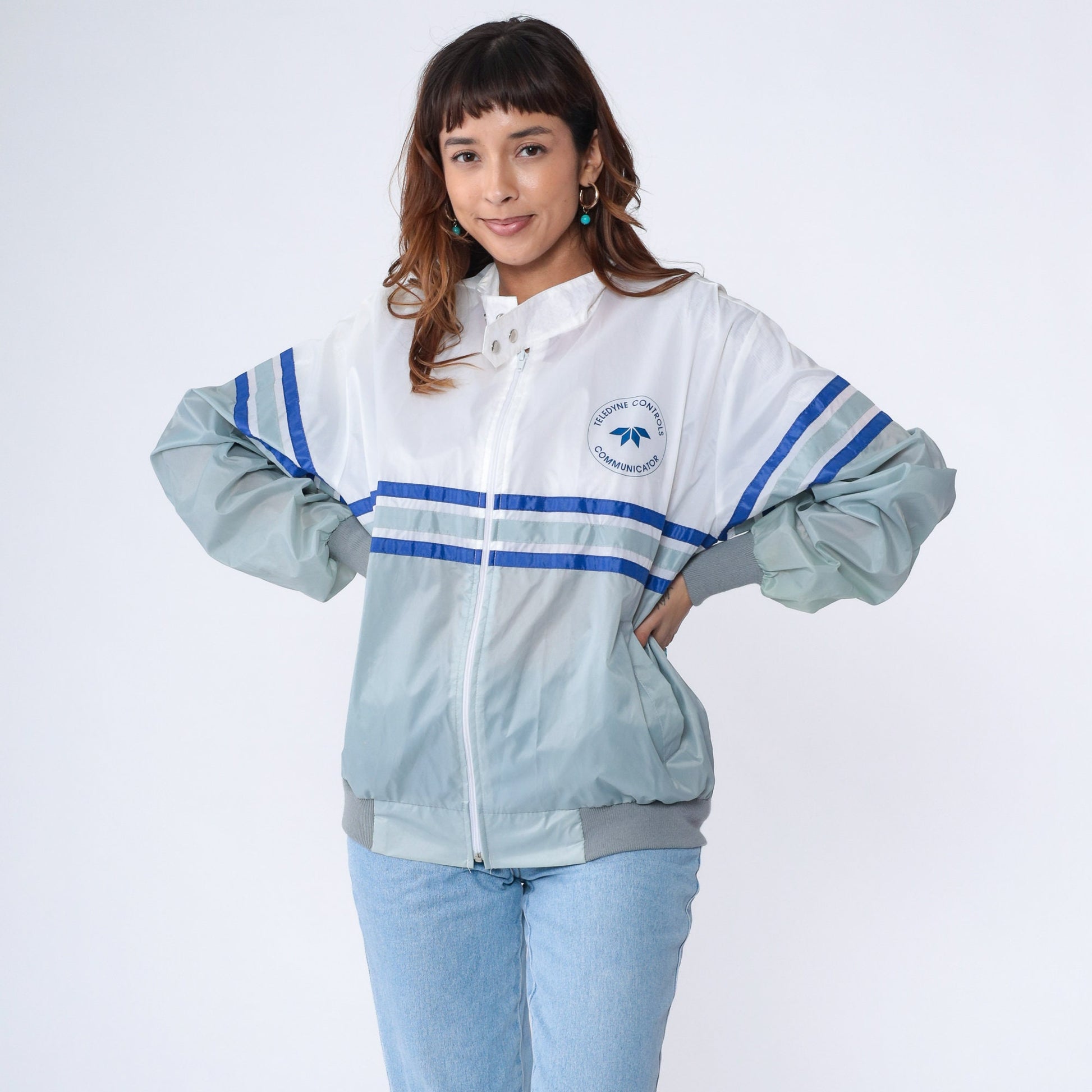 80s Teledyne Controls Windbreaker Aircraft Jacket Grey White Stripe Extra Large XL