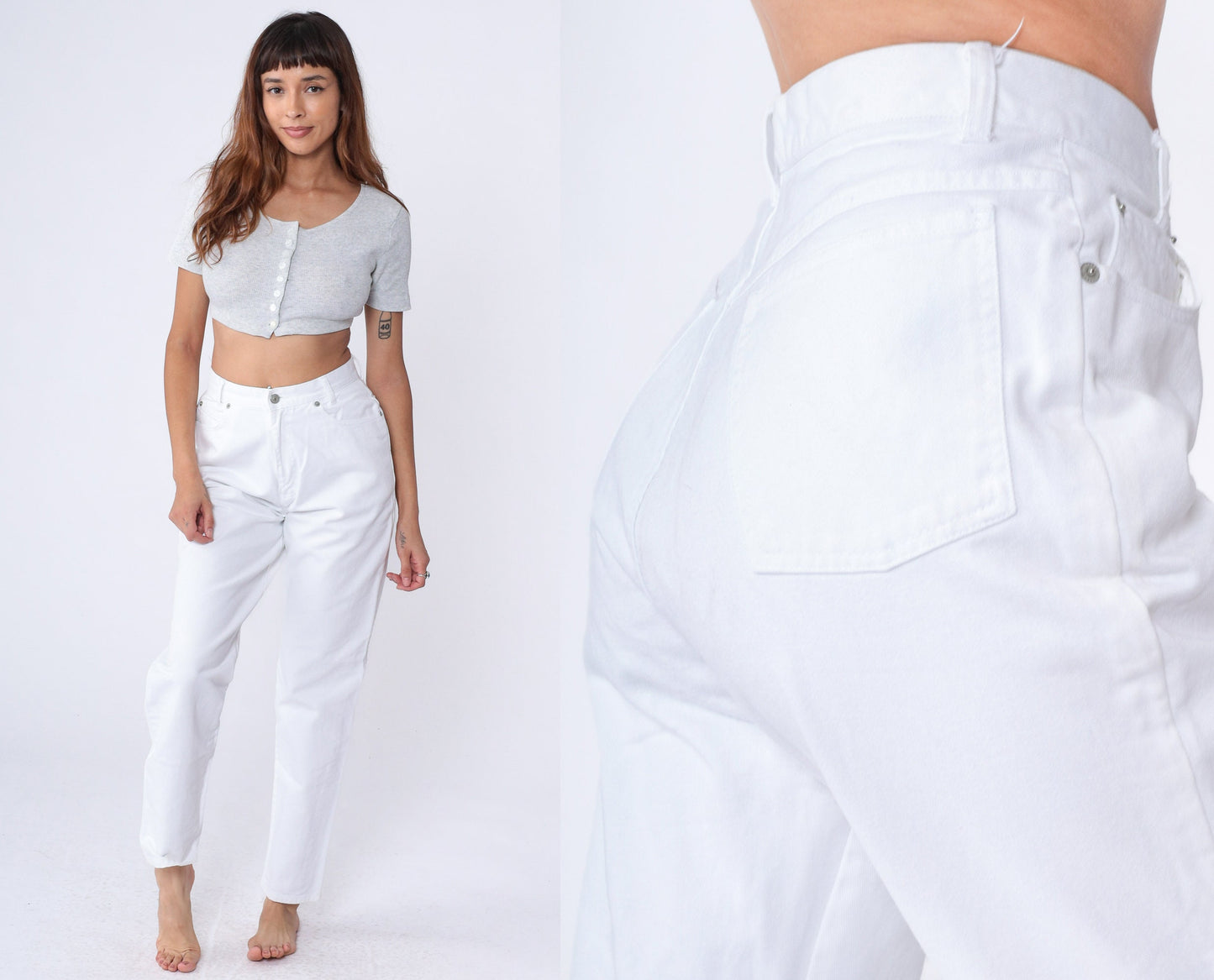 90s White Tapered Mom Jeans High Rise Cotton Denim Small