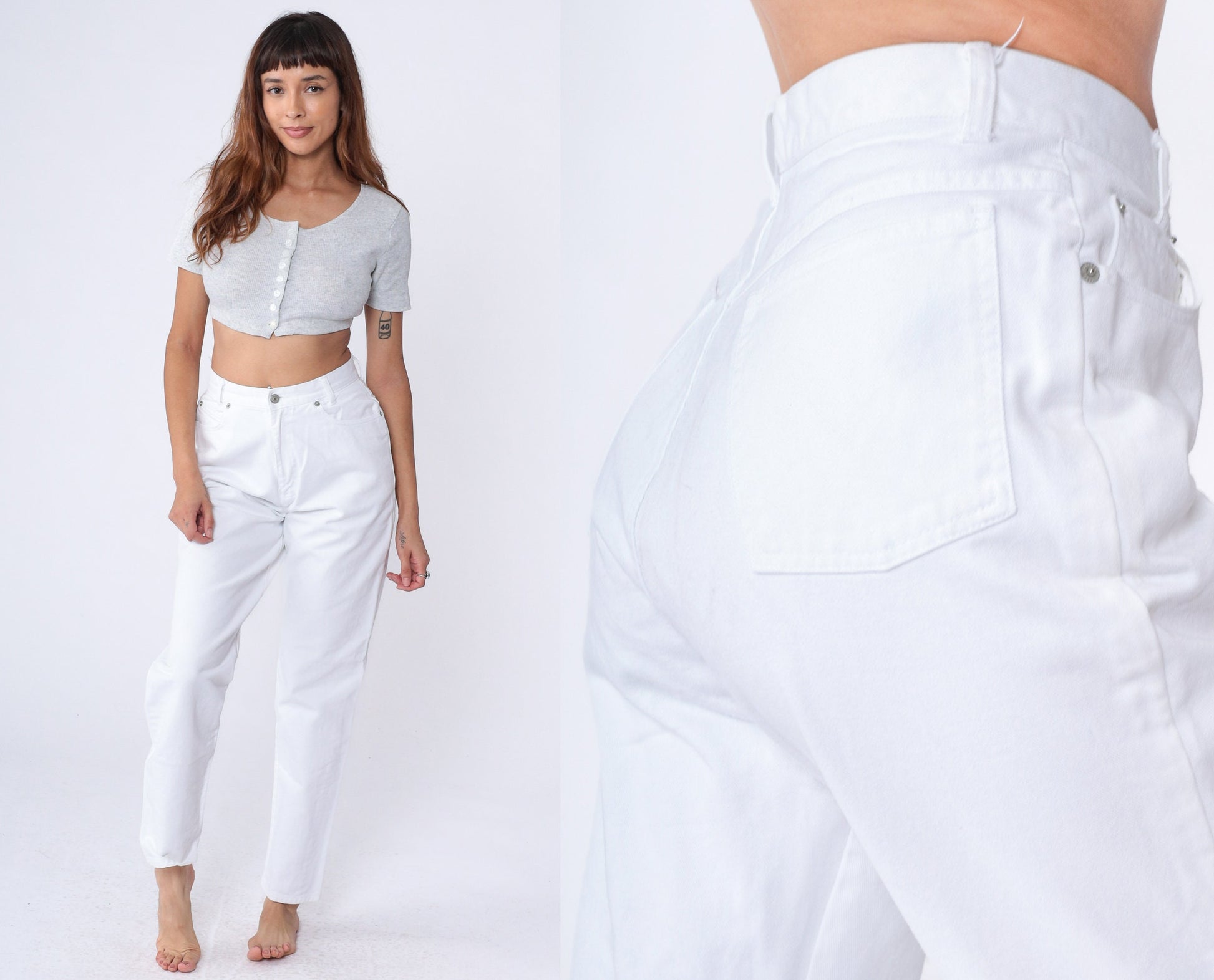 90s White Tapered Mom Jeans High Rise Cotton Denim Small