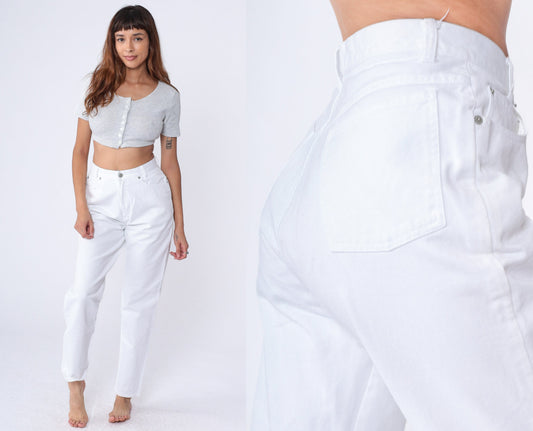 90s White Tapered Mom Jeans High Rise Cotton Denim Small