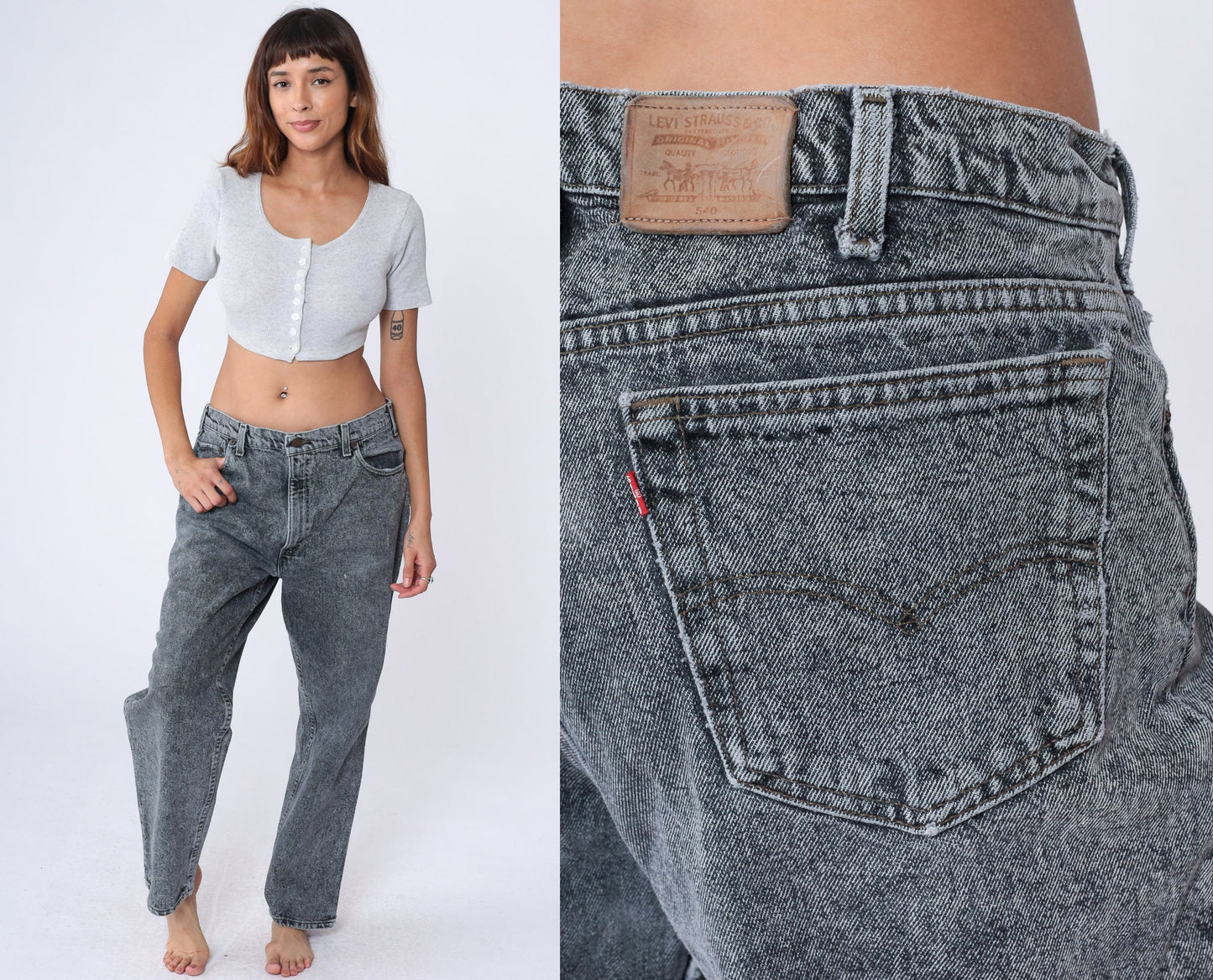 90s Levi's 540 Acid Wash Black Jeans High Waist Relaxed Straight Leg Men's 38x30