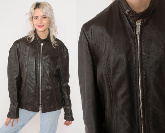 70s Dark Brown Leather Moto Jacket Zip Front Removable Lining Small S