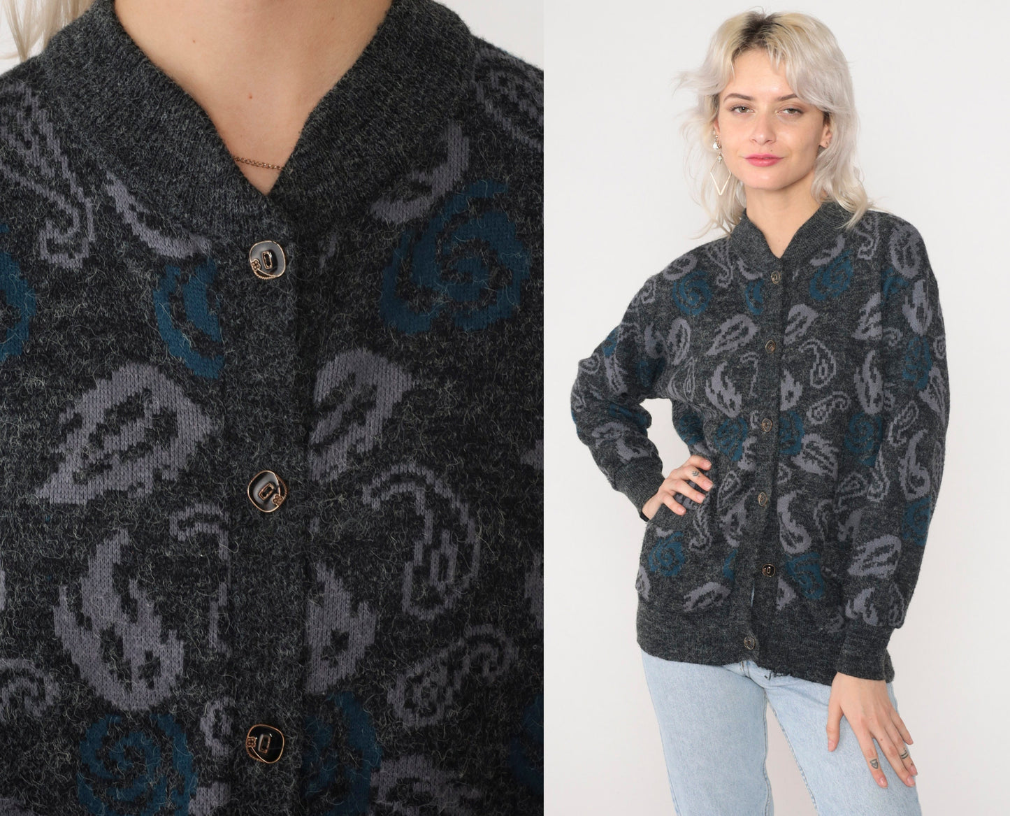 90s Grey Paisley Floral Cardigan Knit Button-Up Sweater Small