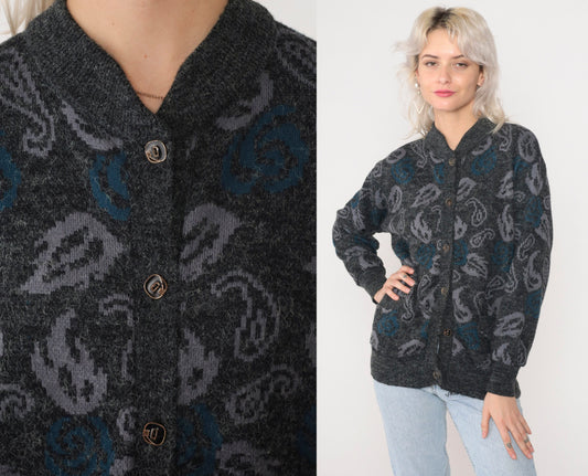 90s Grey Paisley Floral Cardigan Knit Button-Up Sweater Small