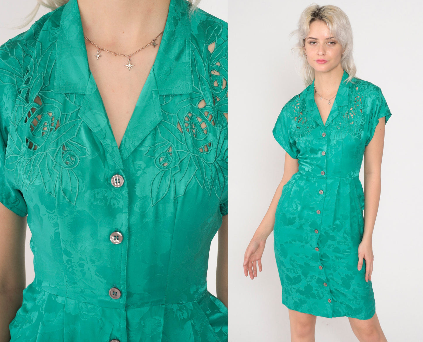 90s Lauren Alexandra Petites Green Silk Floral Mini Dress Cutwork Button-Up XS