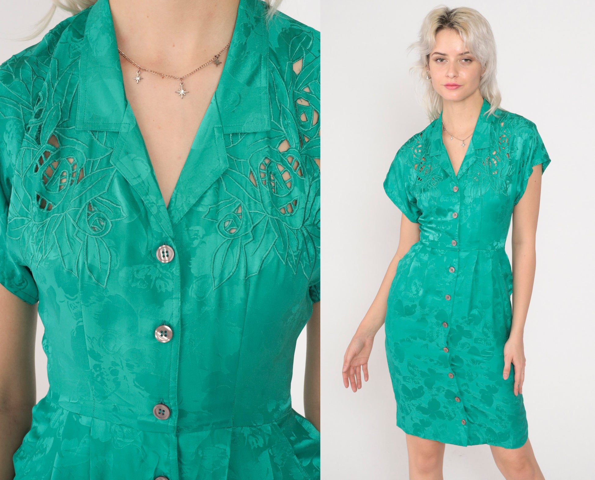 90s Lauren Alexandra Petites Green Silk Floral Mini Dress Cutwork Button-Up XS