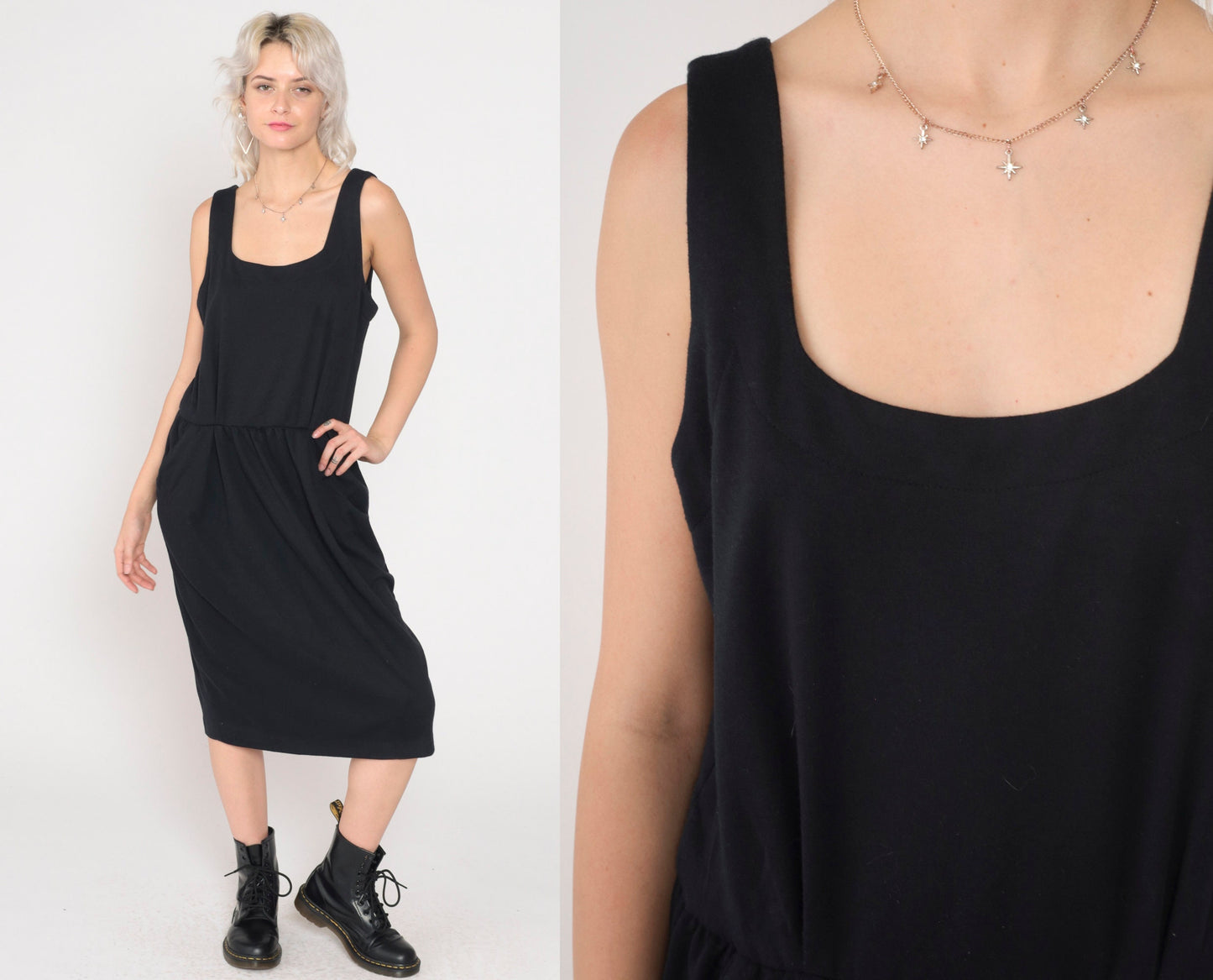 90s Black Midi Tank Dress High Waist Sleeveless Scoop Neck Large
