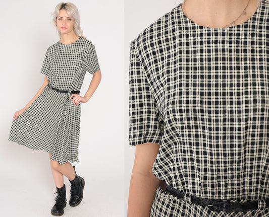 90s Black Cream Checkered Mini Dress High Waist Belted Short Sleeve Small Medium