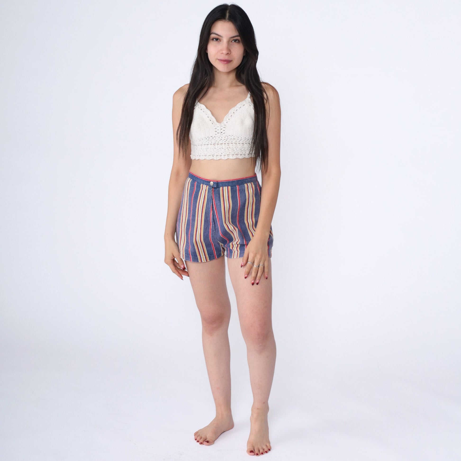60s Striped Blue Cotton Shorts High Rise Mod Vintage Extra Small