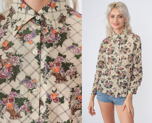 70s Holiday of California Checkered Floral Button-Up Blouse Cream Small