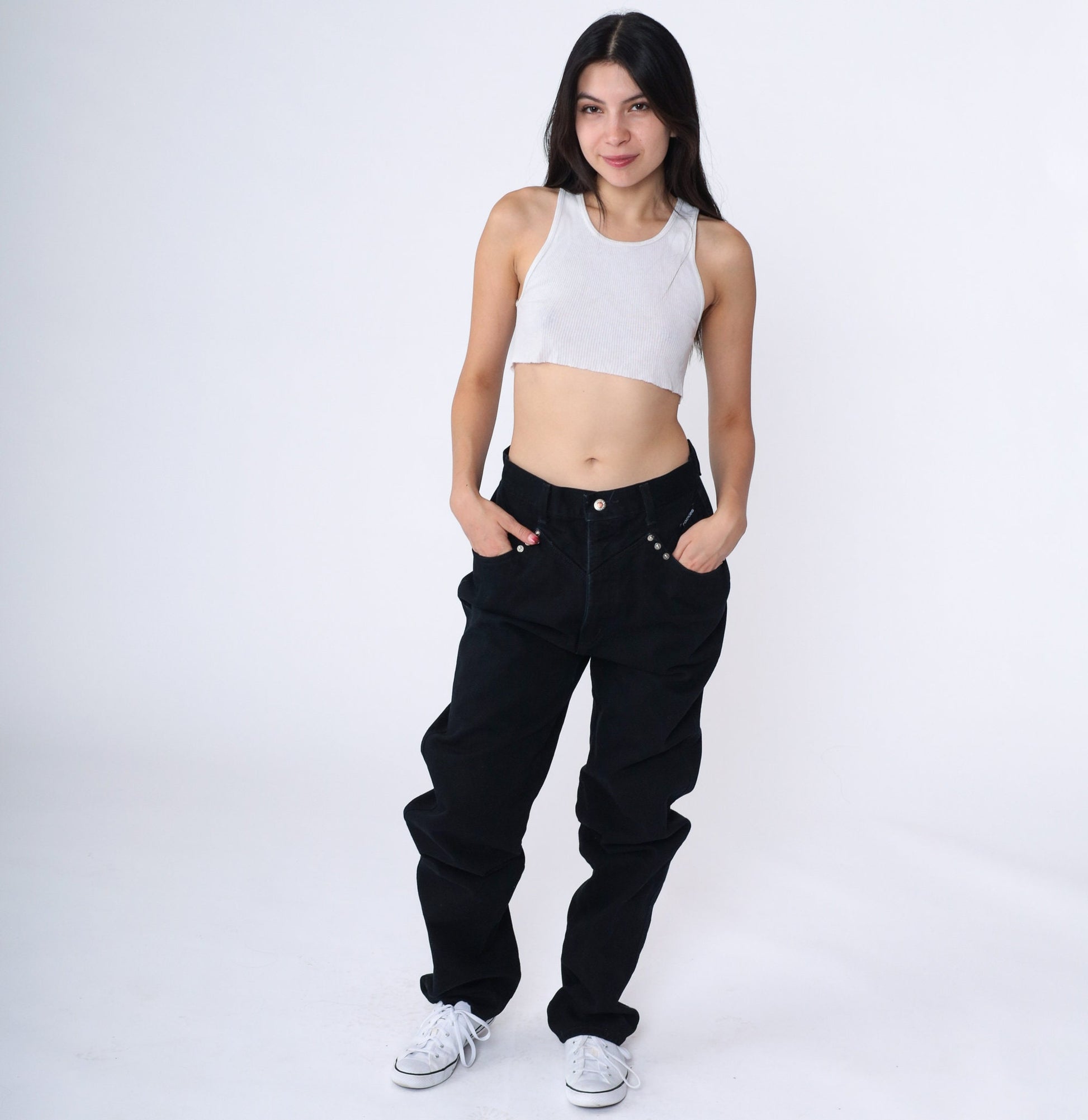 90s Rockies Black Denim High Waisted Tapered Jeans Yoke 29 Long