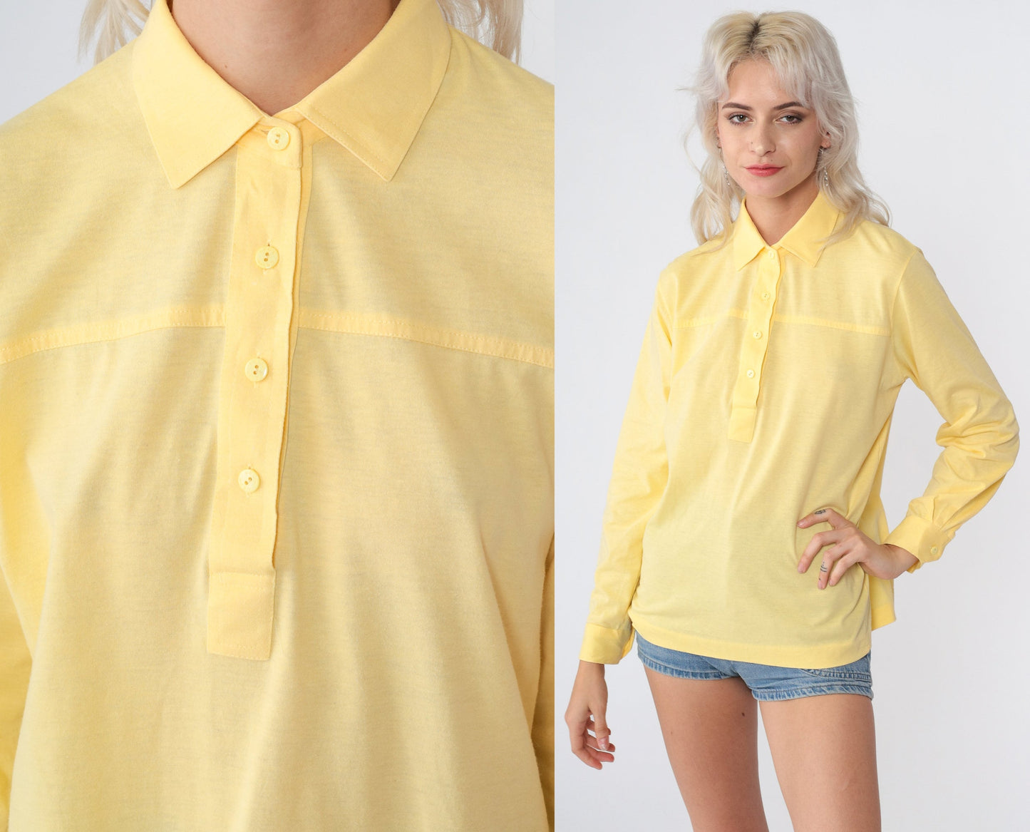 80s Yellow Cotton Blend Button-Up Blouse Collared Long Sleeve Medium
