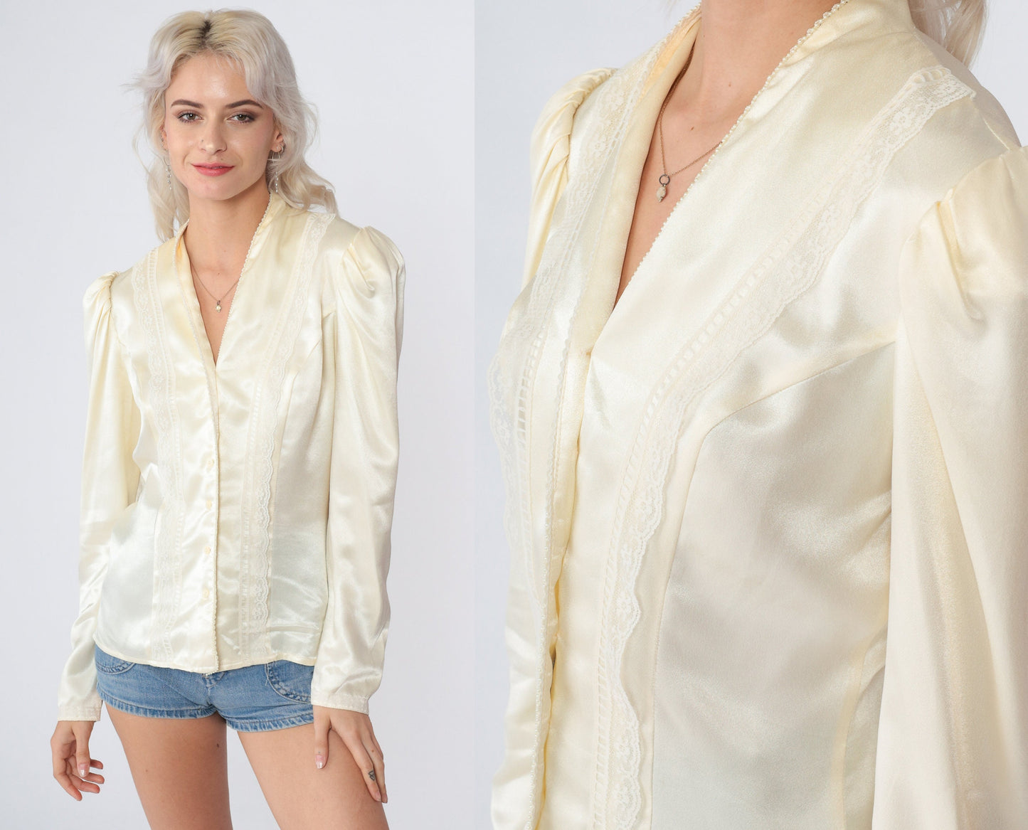 Gunne Sax 70s Cream Satin Blouse Pearl Beaded V-Neck Puff Sleeve Small