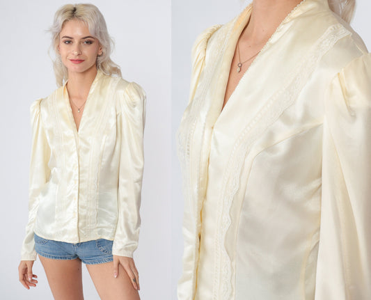 Gunne Sax 70s Cream Satin Blouse Pearl Beaded V-Neck Puff Sleeve Small