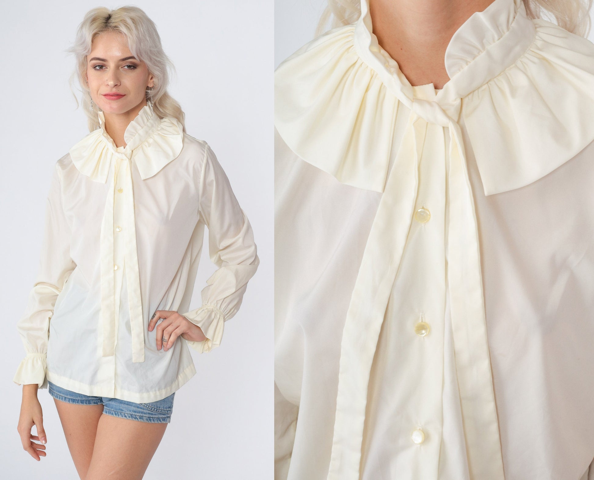 70s Ruffled Necktie Blouse Off-White High Neck Button-Up Long Sleeve Medium