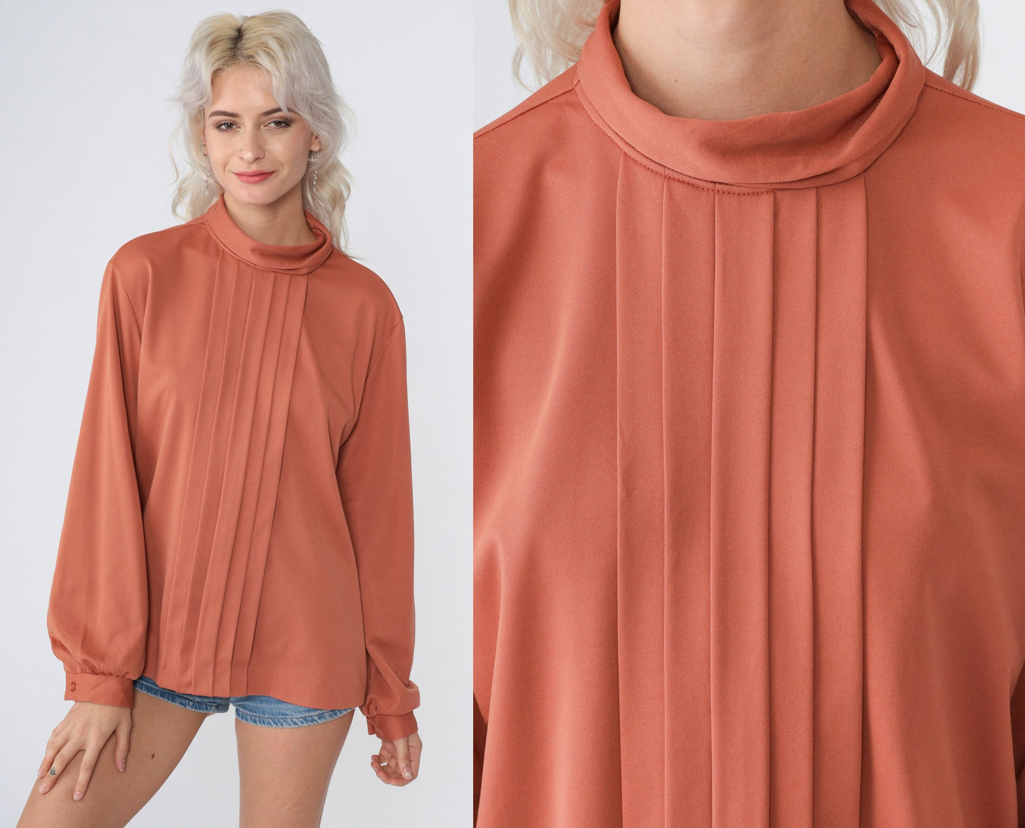 70s Terra Cotta Mockneck Blouse Pleated Balloon Sleeve Secretary Top Large