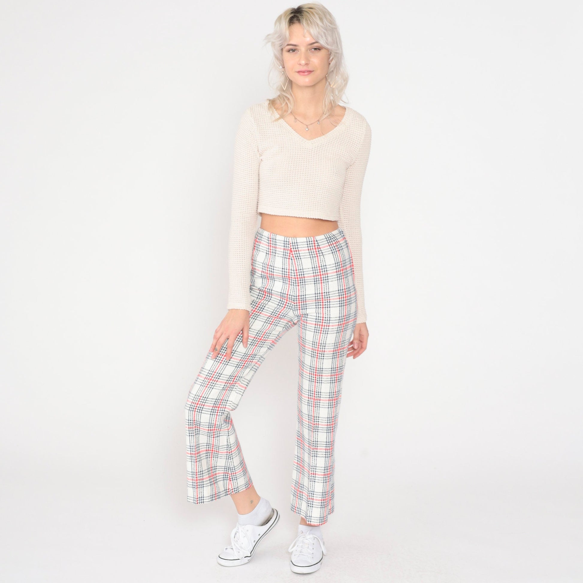 60s Plaid Flared Trousers High Waisted Red Navy White Checkered Extra Small