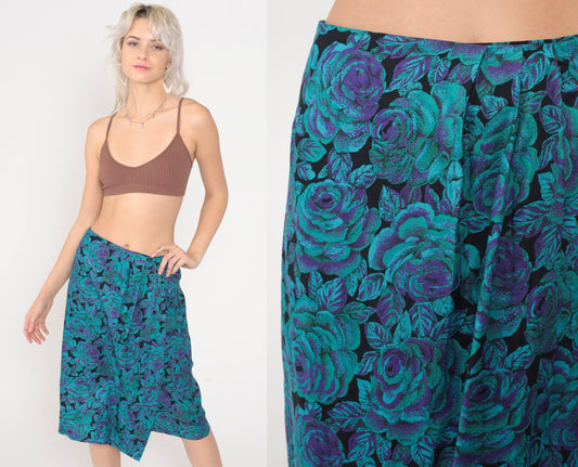 80s Floral Wrap Midi Skirt High Waist Purple Turquoise Rayon Small