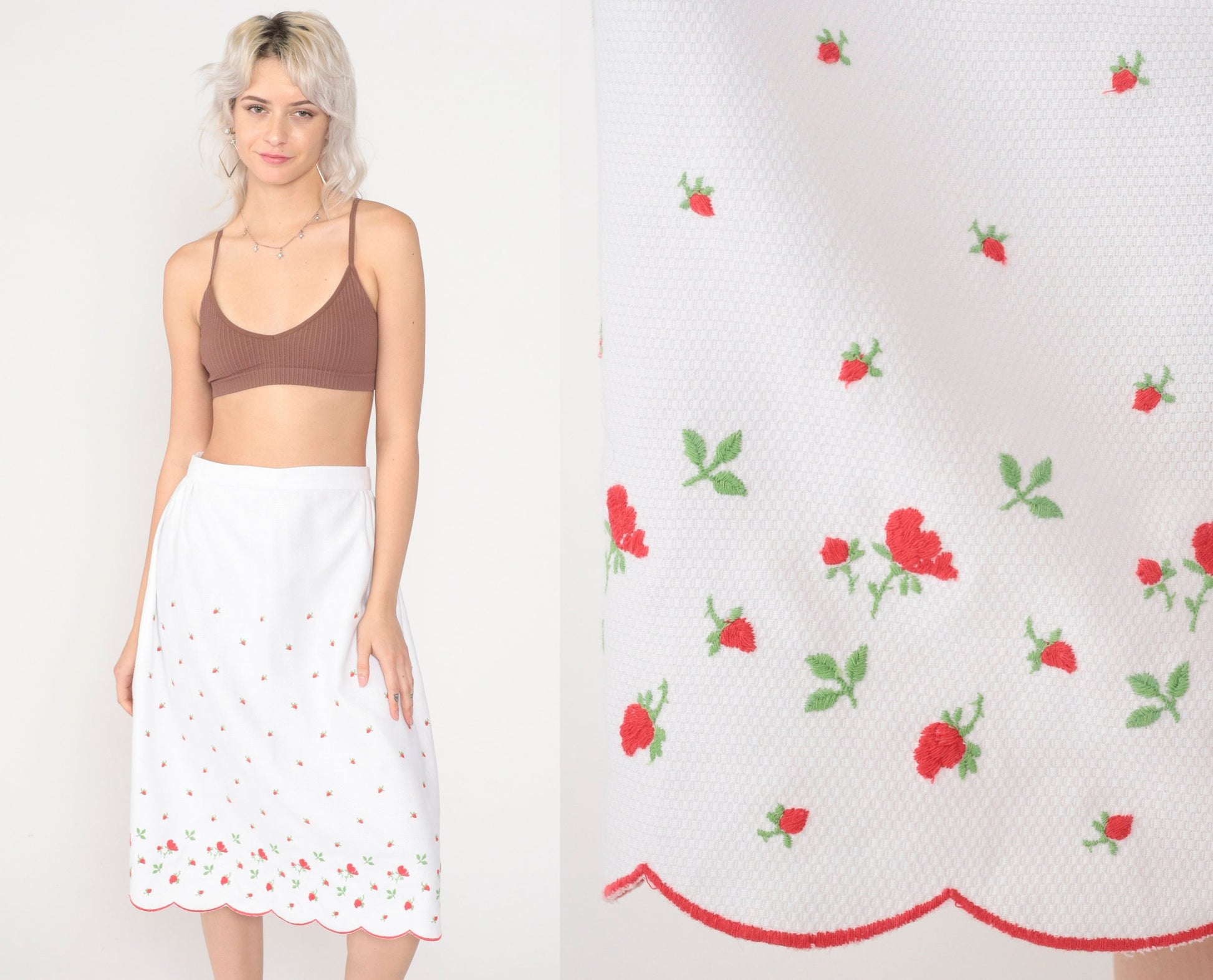 60s White Floral Embroidered Cotton Midi Skirt High Waisted Scalloped Small