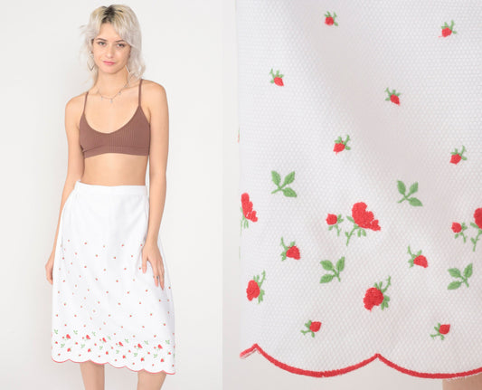 60s White Floral Embroidered Cotton Midi Skirt High Waisted Scalloped Small
