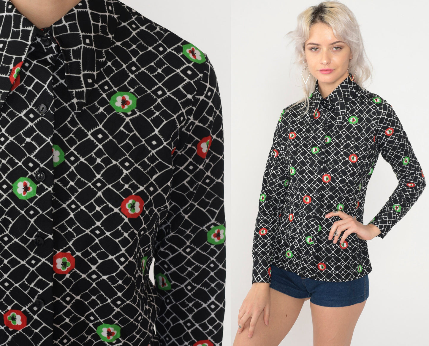 70s Checkered Floral Button-Up Blouse Black Dagger Collar Long Sleeve Small