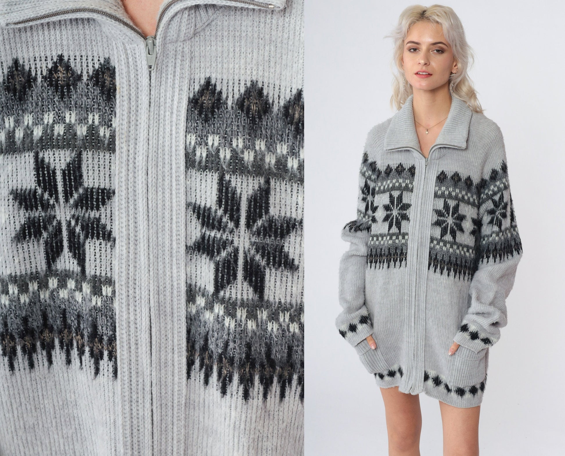 80s London Fog Nordic Snowflake Cardigan Grey Zip-Up Knit Large Tall