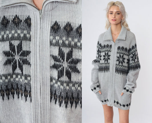 80s London Fog Nordic Snowflake Cardigan Grey Zip-Up Knit Large Tall