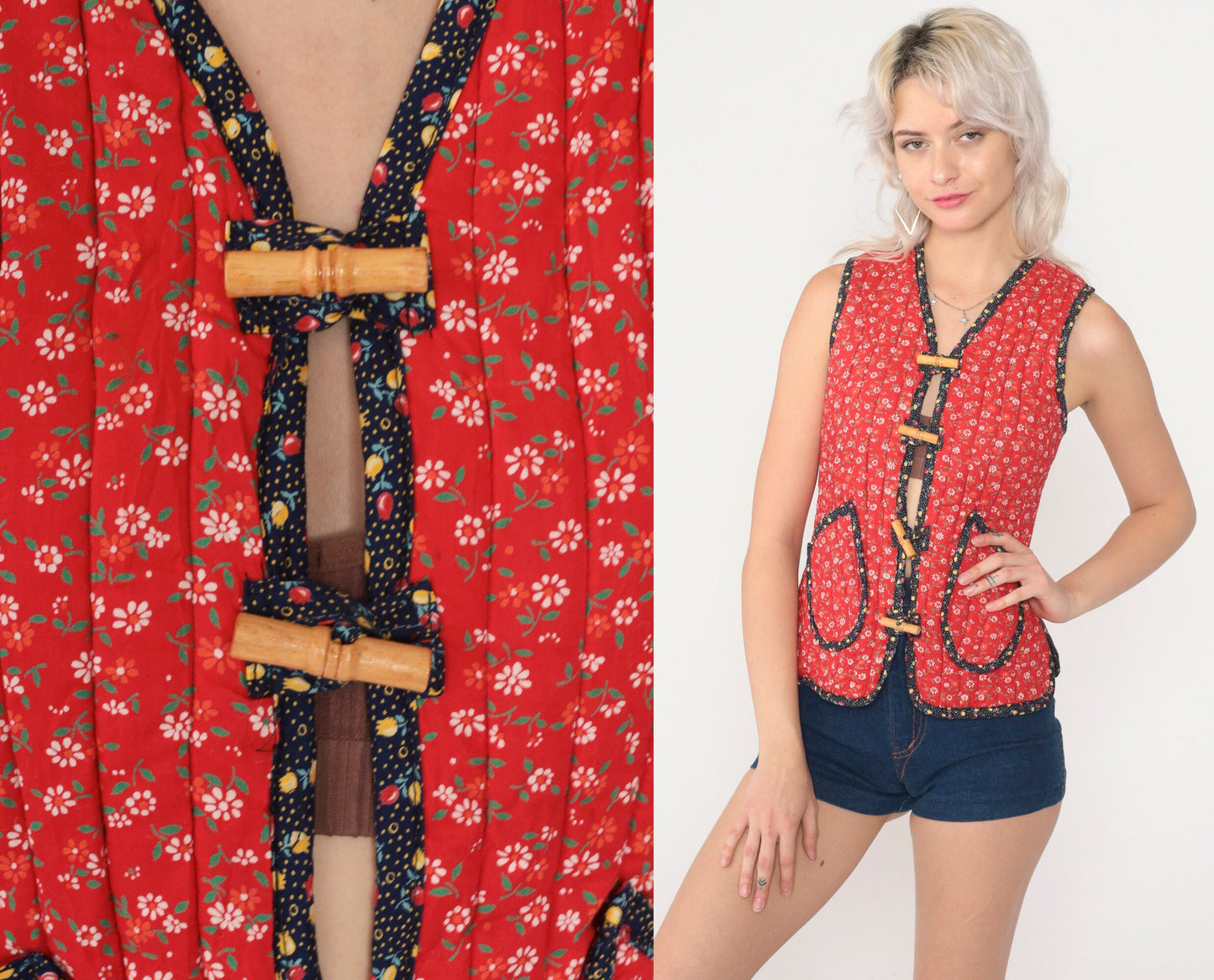 70s Red Calico Floral Quilted Vest Sleeveless Toggle Button Extra Small