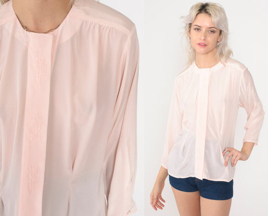 80s Baby Pink Button-Up Blouse Geometric Embroidery Long Sleeve Medium