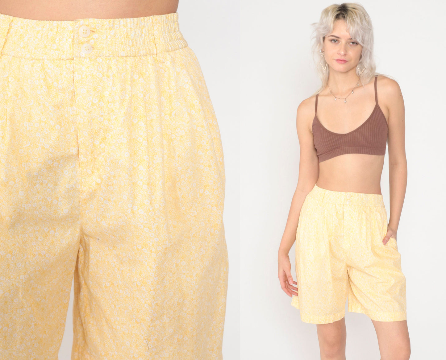 90s Liz Claiborne Floral Shorts Yellow High Waisted Wide Leg Cotton Small