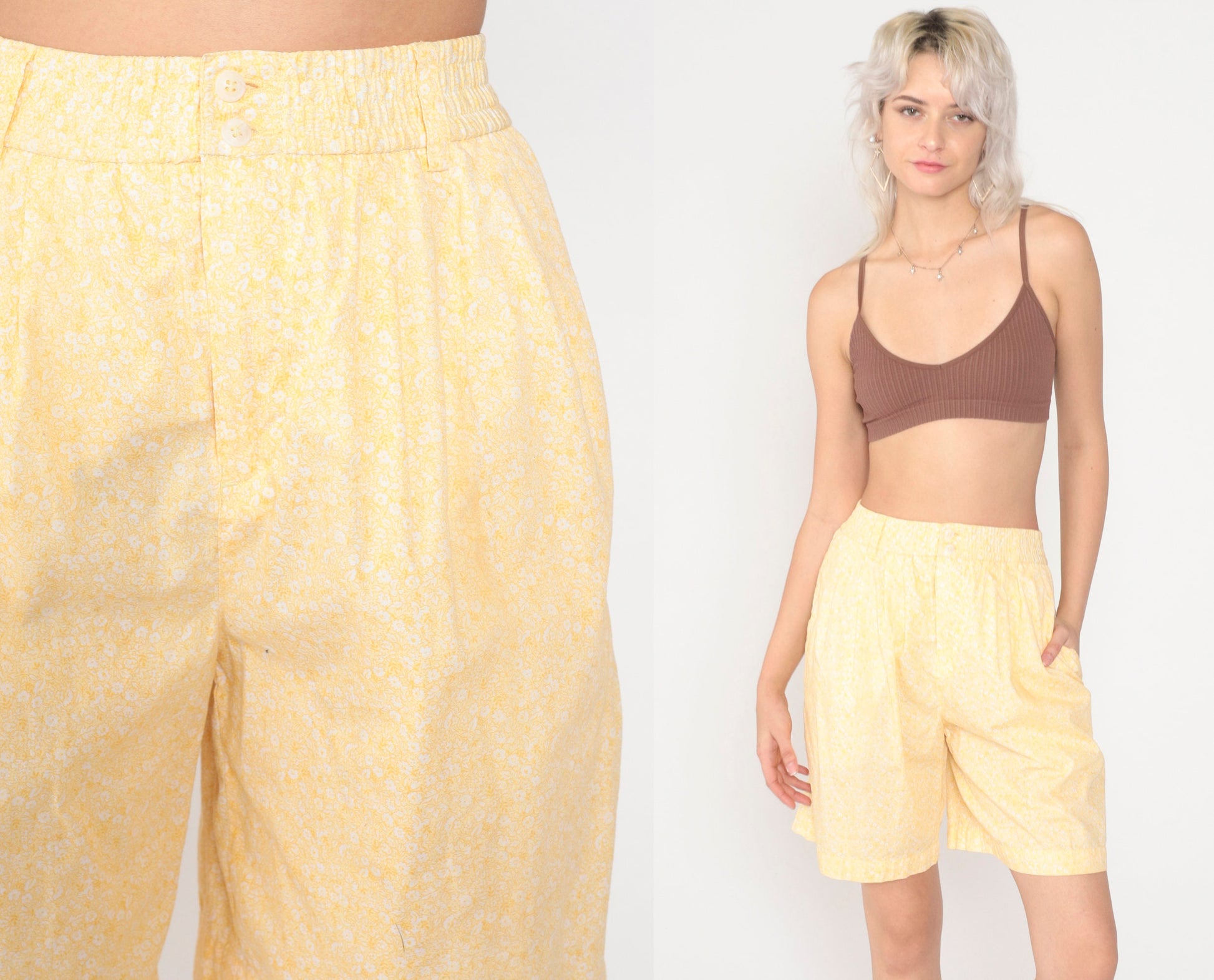 90s Liz Claiborne Floral Shorts Yellow High Waisted Wide Leg Cotton Small
