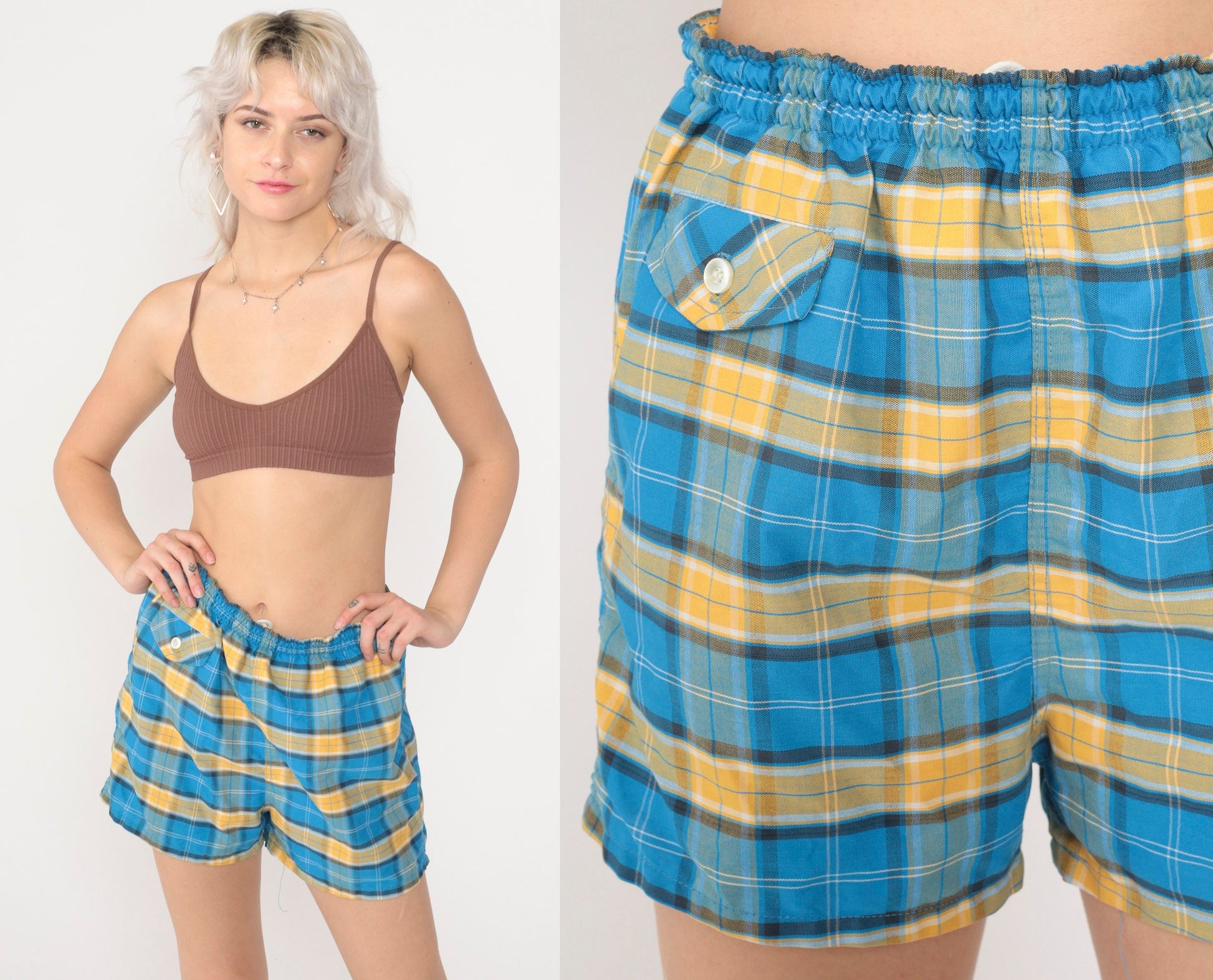 80s Blue Plaid Shorts Elastic Drawstring Waist Cotton Blend Medium