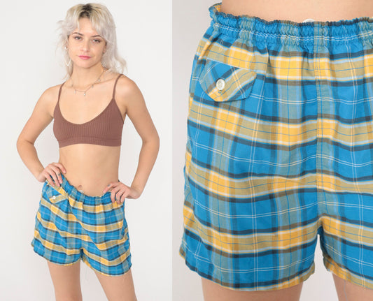 80s Blue Plaid Shorts Elastic Drawstring Waist Cotton Blend Medium