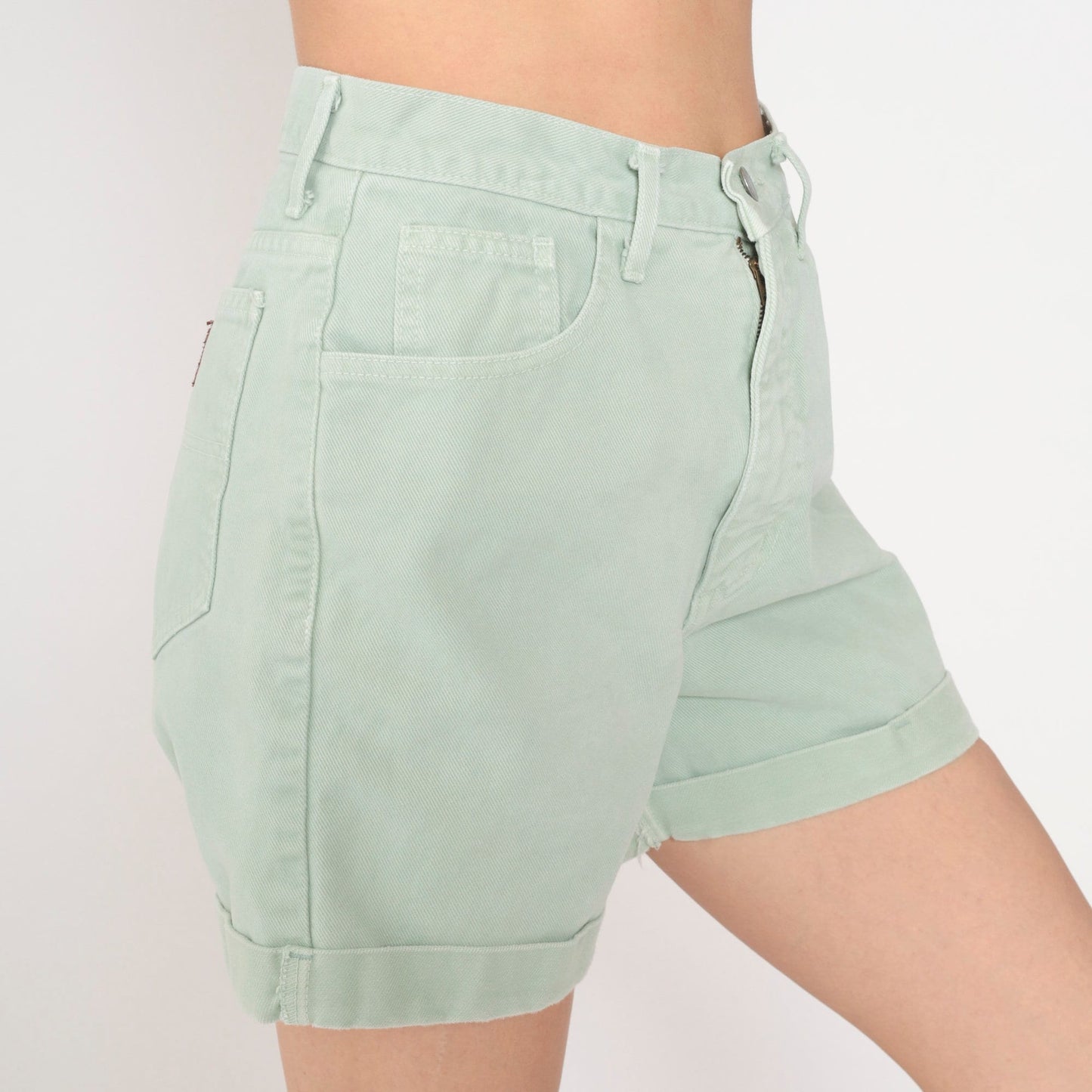 90s Guess Light Green Denim Shorts High Waist Cuffed Small